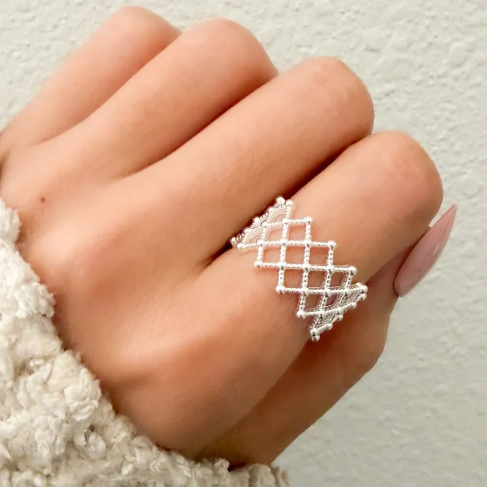 925 Sterling Silver Textured Ring Band Thick Ring Weave Woven Ring